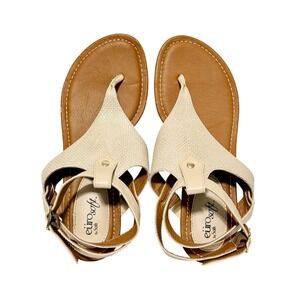 Eurosoft by Sofft Women‎ Beige T-Strap Flat Sandals Buckle Ankle Strap Size-9M